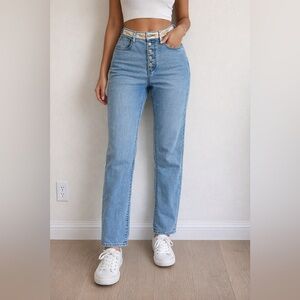 Tory Burch High Waisted Stretch Jeans Embroidered Floral Side Stripe Sz 30